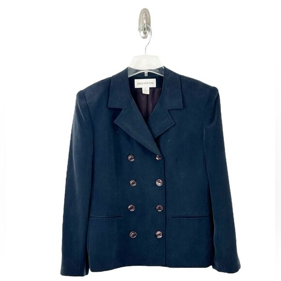 Jones New York Women’s Vintage 90s Navy Blue Silk Double Breasted Blazer Size 10 - Picture 1 of 10